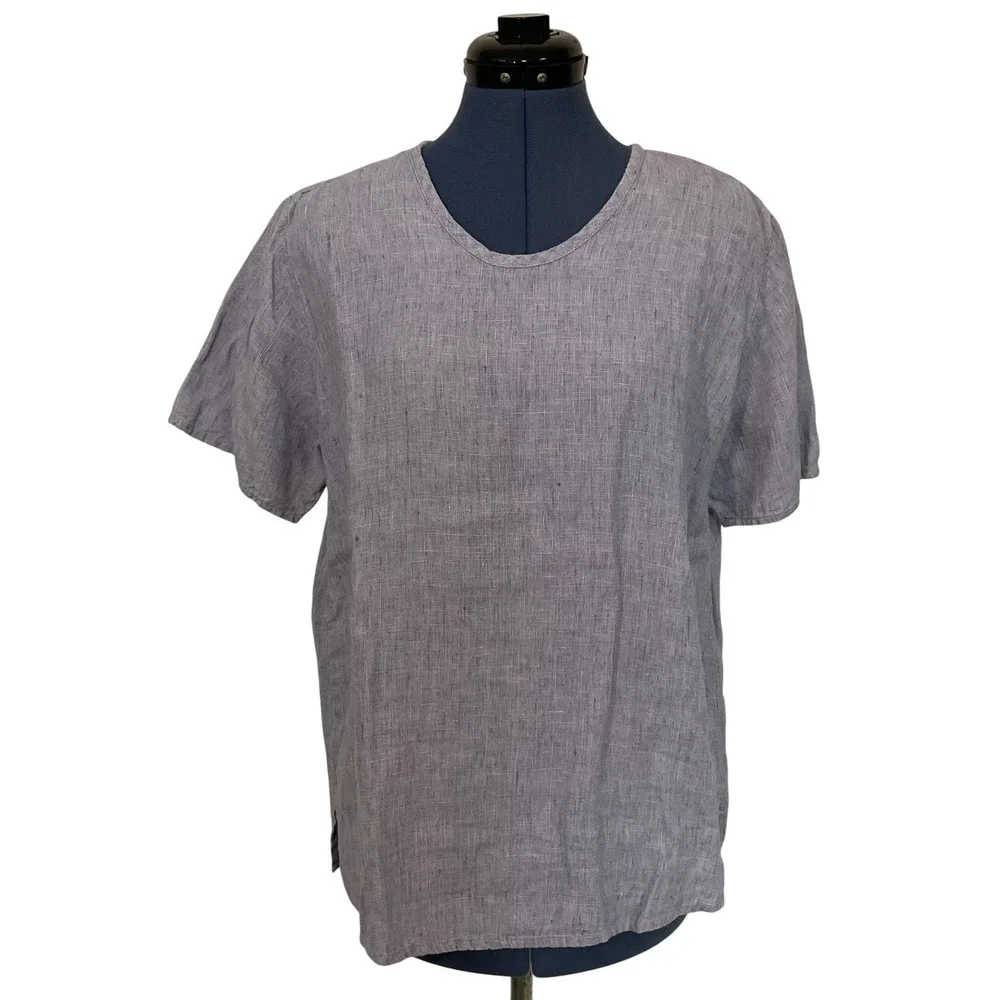 FLAX Jeanne Engelhart 3 Pc Blue 100% Linen Set Shirt Top Barrel Crop Pants S